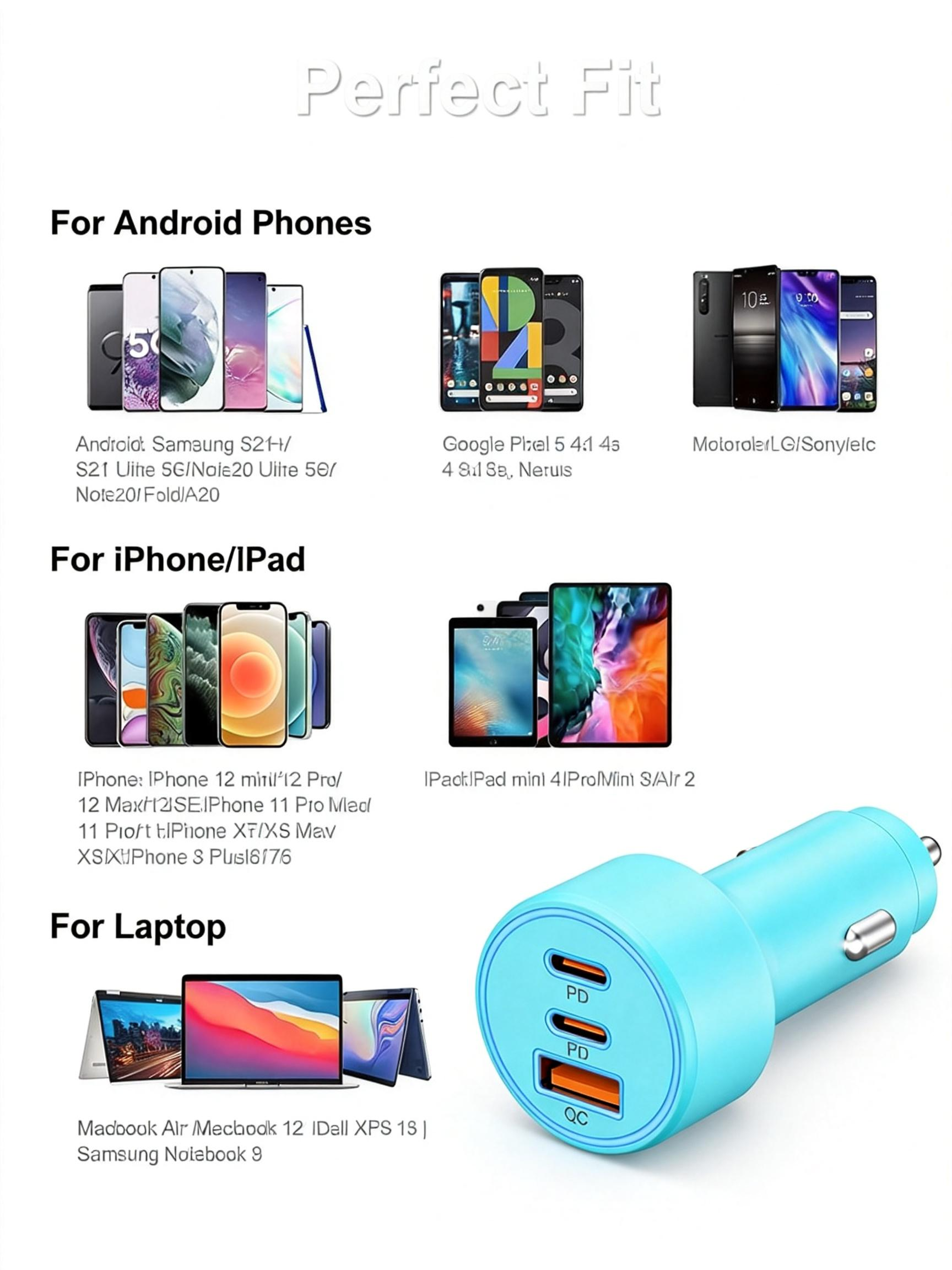 3-Port USB-C & USB-A Car Charger, for iPhone 17/16/15/14/13/12/11 Pro Max, iPad, Samsung Galaxy S25 S24/S23/S22, Pixel, Android